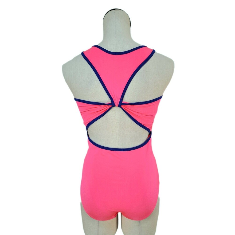 Aja VTG 90s Twisted Triangle Open Back Keyhole Leotard Built-in Bra Neon Pink AS - Picture 9 of 14